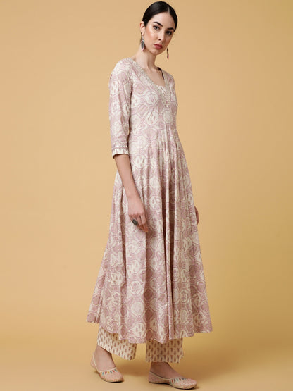 Cotton Calf Length Printed Flared 3/4 Sleeves V-Neck Kurta Bottom Dupatta Set