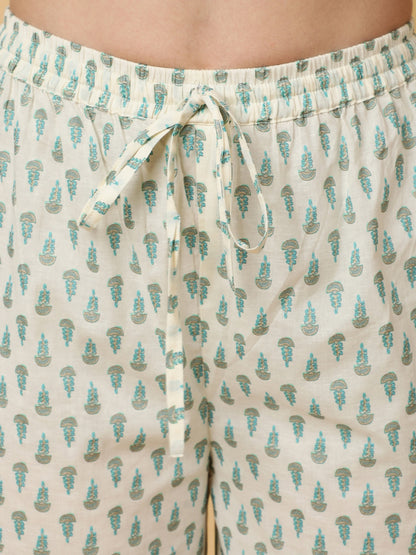Cotton Calf Length Printed Flared 3/4 Sleeves V-Neck Kurta Bottom Dupatta Set