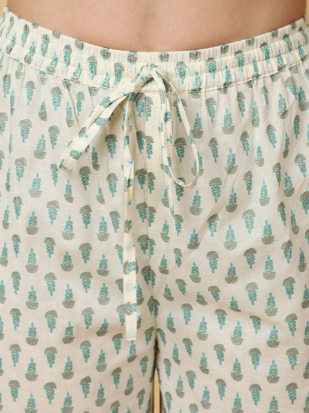 Cotton Calf Length Printed Flared 3/4 Sleeves V-Neck Kurta Bottom Dupatta Set