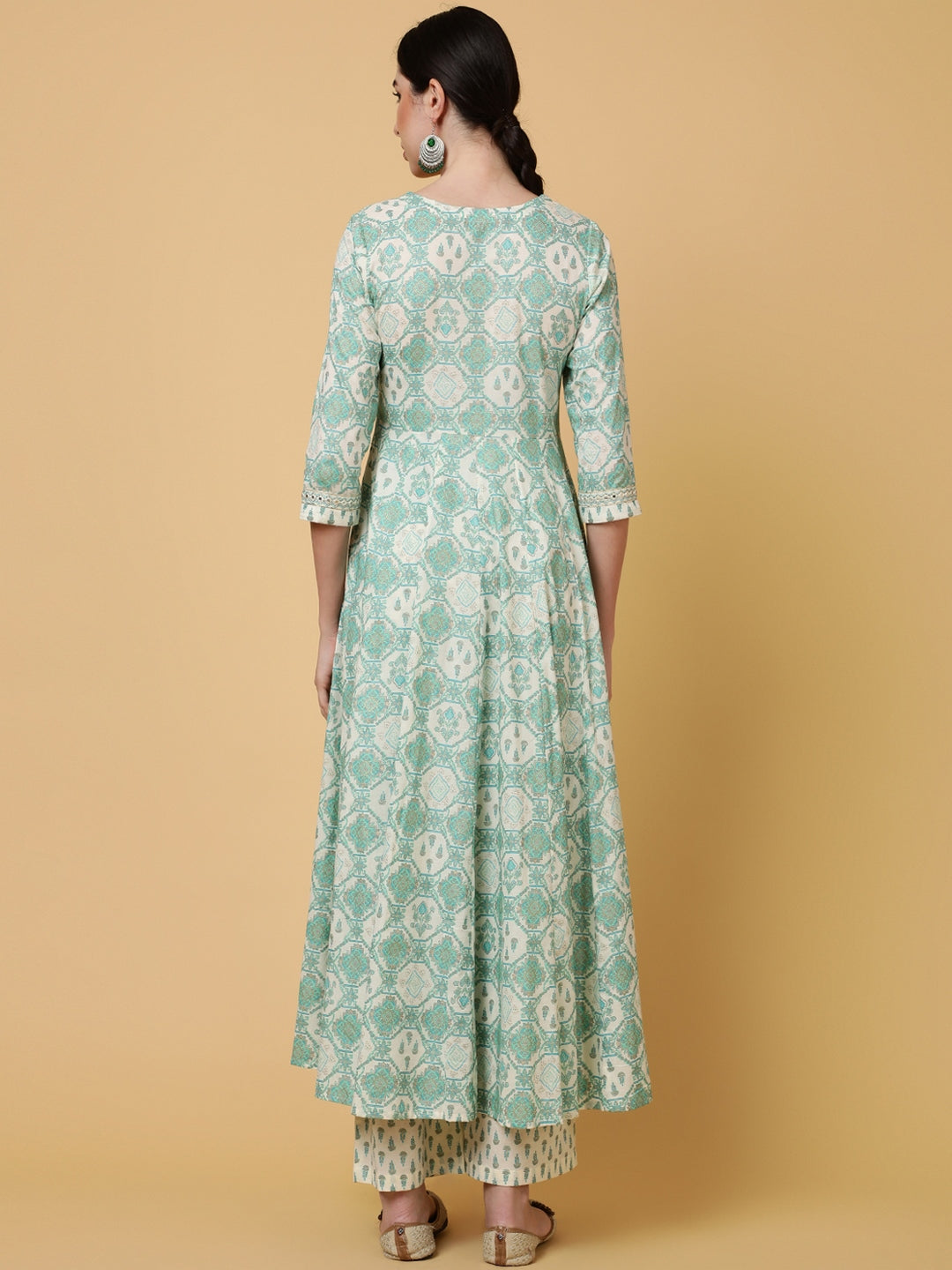 Cotton Calf Length Printed Flared 3/4 Sleeves V-Neck Kurta Bottom Dupatta Set