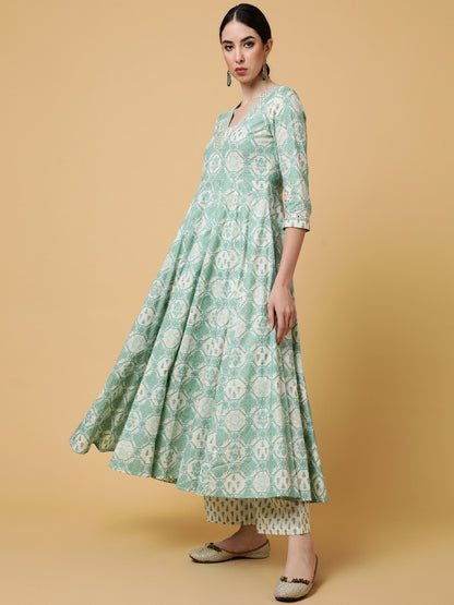 Cotton Calf Length Printed Flared 3/4 Sleeves V-Neck Kurta Bottom Dupatta Set