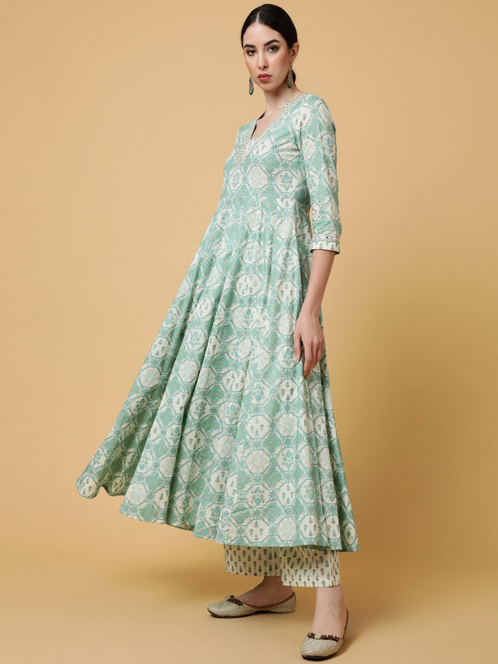 Cotton Calf Length Printed Flared 3/4 Sleeves V-Neck Kurta Bottom Dupatta Set