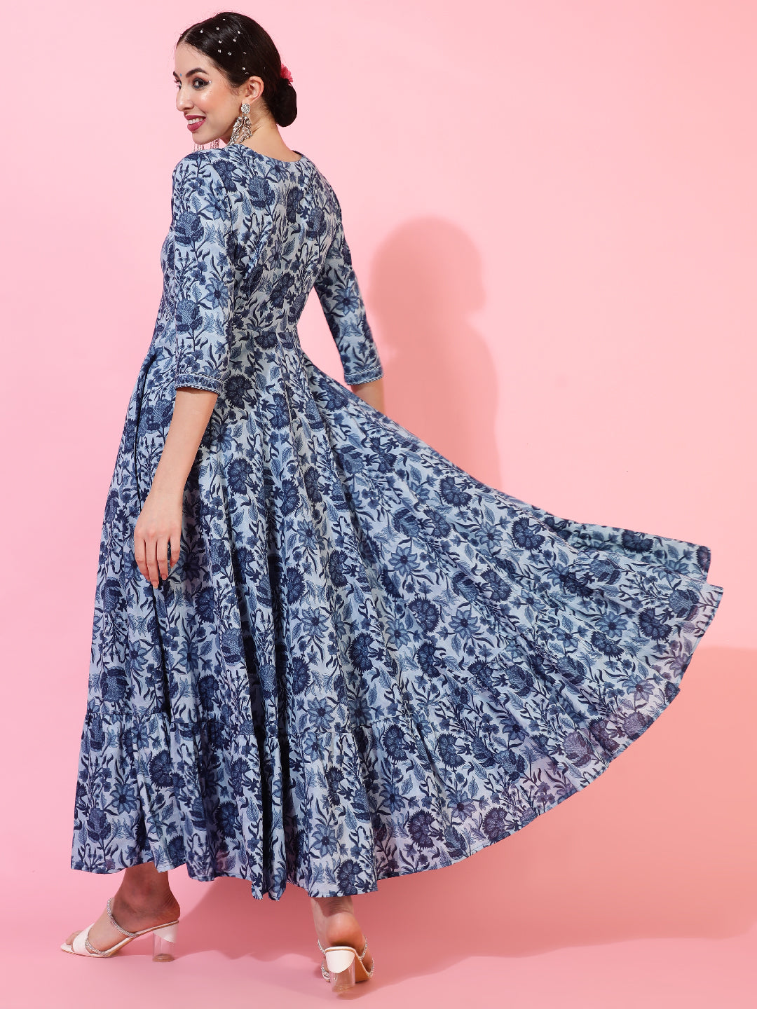 Cotton Ankle Length Printed Flared 3/4 Sleeves V-Neck Kurta