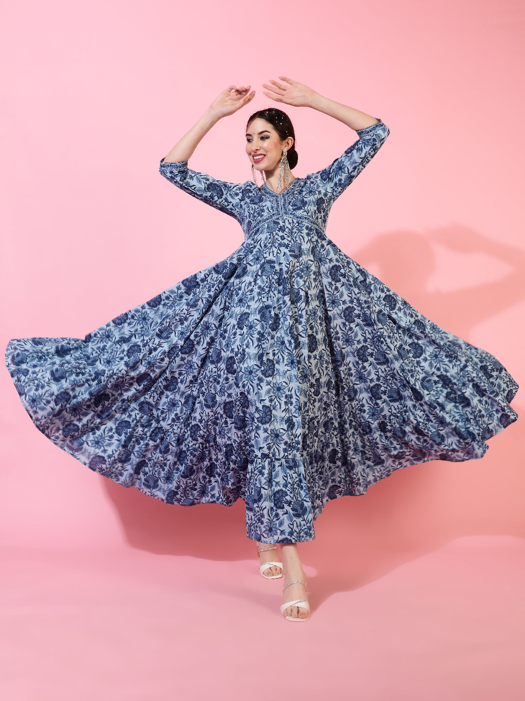 Cotton Ankle Length Printed Flared 3/4 Sleeves V-Neck Kurta