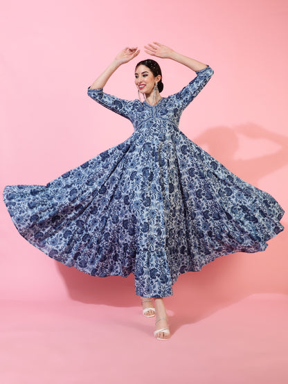 Cotton Ankle Length Printed Flared 3/4 Sleeves V-Neck Kurta