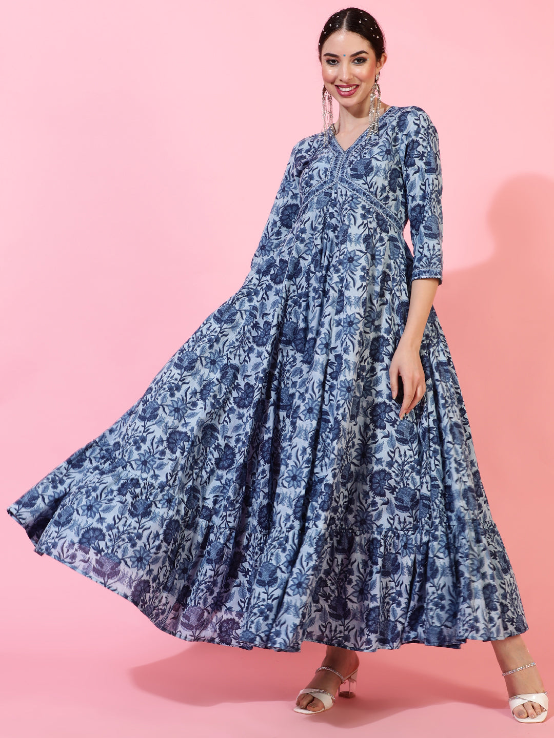 Cotton Ankle Length Printed Flared 3/4 Sleeves V-Neck Kurta