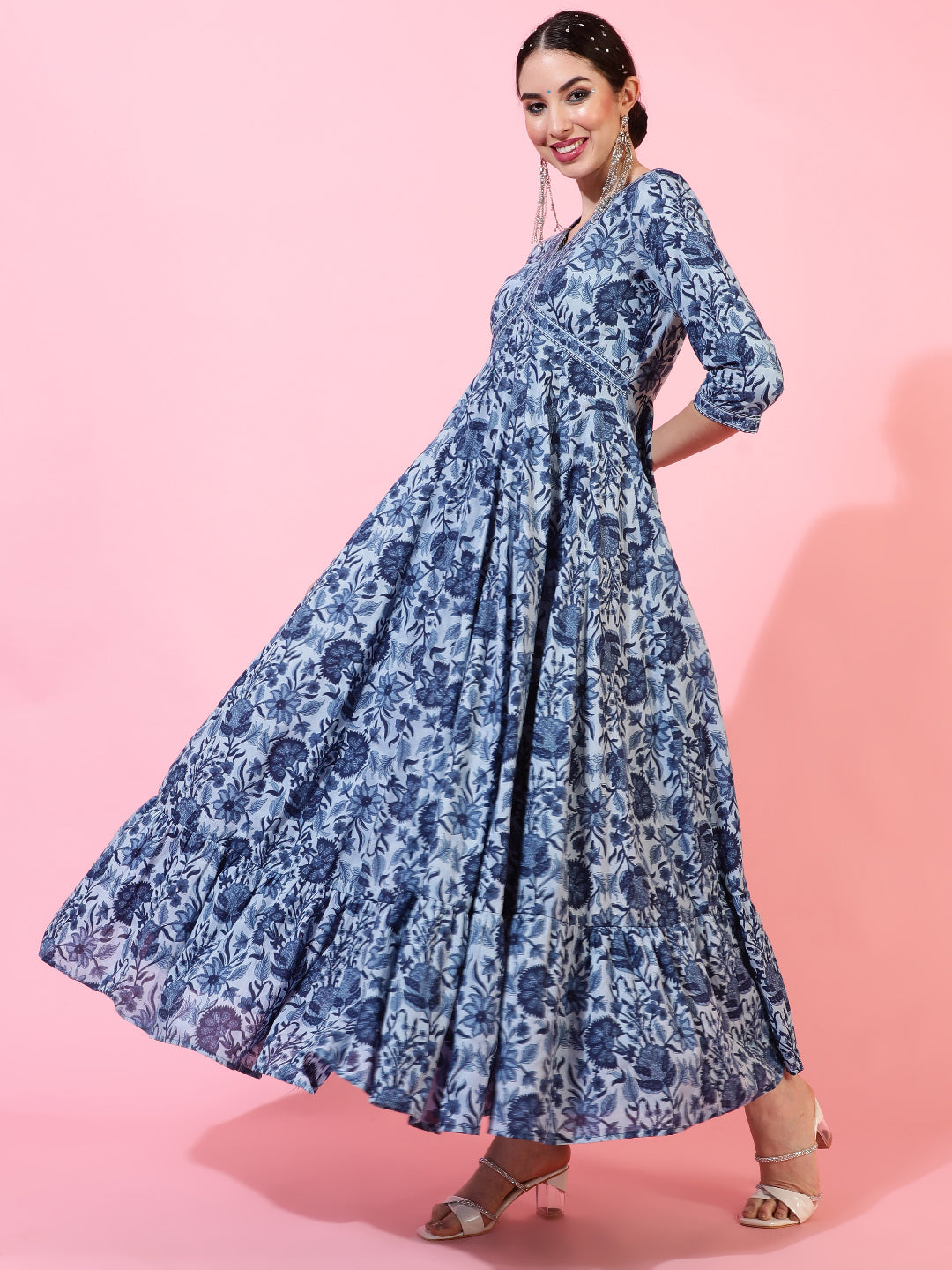 Cotton Ankle Length Printed Flared 3/4 Sleeves V-Neck Kurta