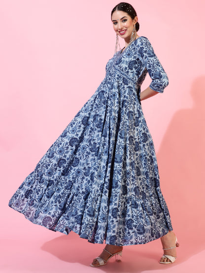 Cotton Ankle Length Printed Flared 3/4 Sleeves V-Neck Kurta