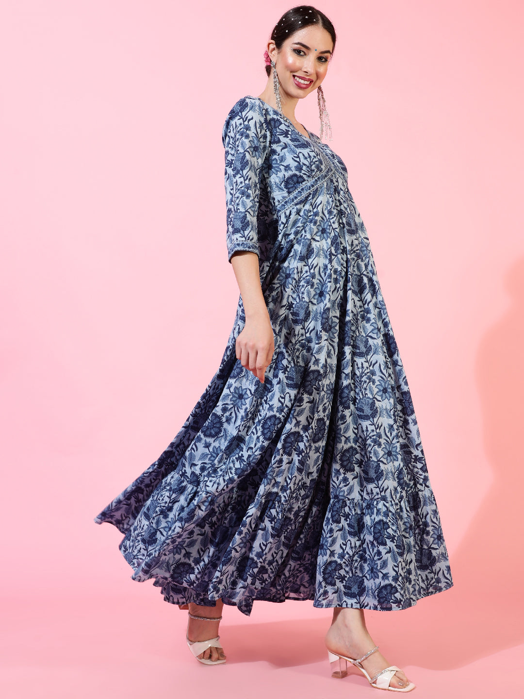 Cotton Ankle Length Printed Flared 3/4 Sleeves V-Neck Kurta