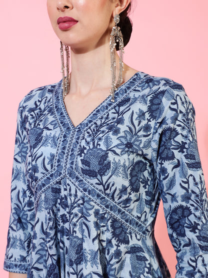 Cotton Ankle Length Printed Flared 3/4 Sleeves V-Neck Kurta