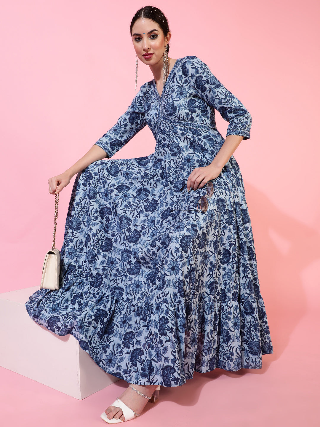 Cotton Ankle Length Printed Flared 3/4 Sleeves V-Neck Kurta