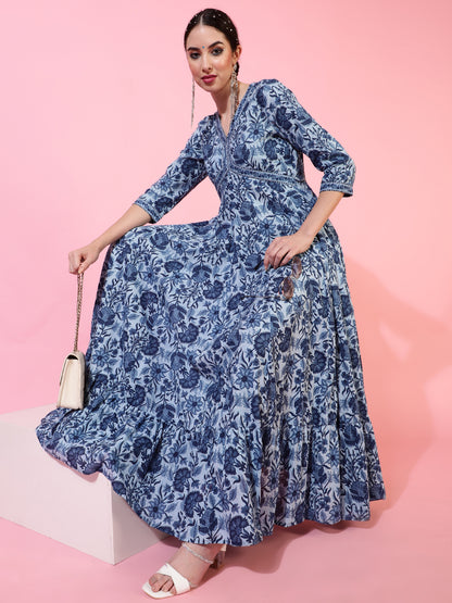 Cotton Ankle Length Printed Flared 3/4 Sleeves V-Neck Kurta