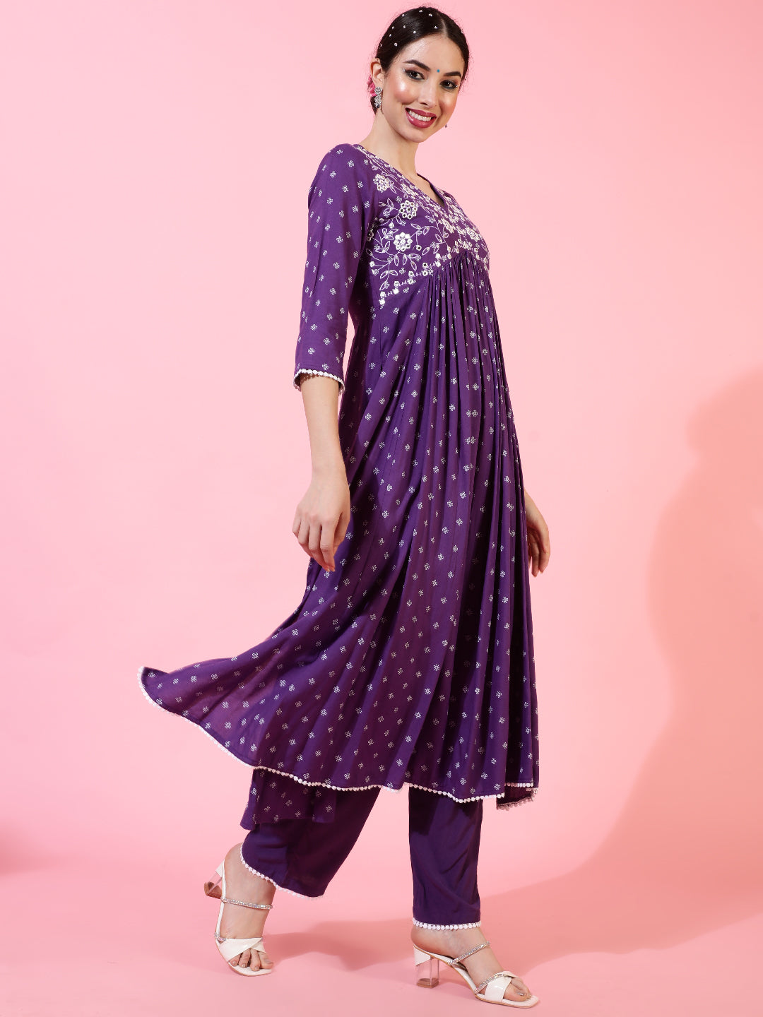 Rayon Calf Length Printed Flared 3/4 Sleeves V-Neck Kurta Bottom Dupatta Set