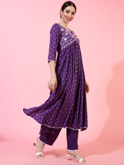 Rayon Calf Length Printed Flared 3/4 Sleeves V-Neck Kurta Bottom Dupatta Set