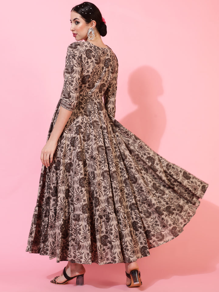Cotton Ankle Length Printed Flared 3/4 Sleeves V-Neck Kurta