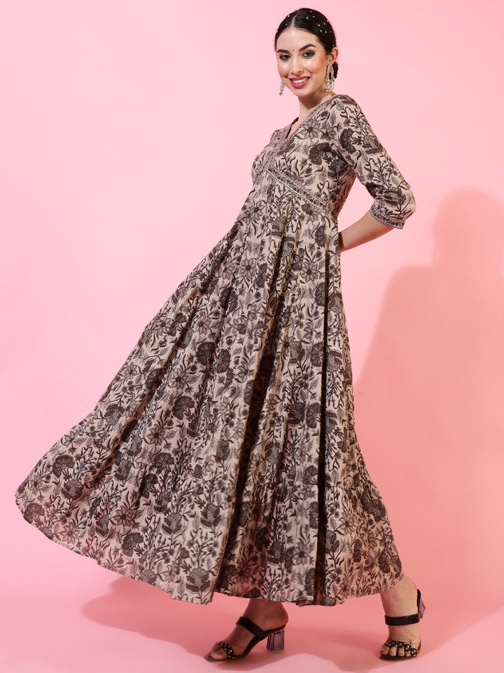 Cotton Ankle Length Printed Flared 3/4 Sleeves V-Neck Kurta