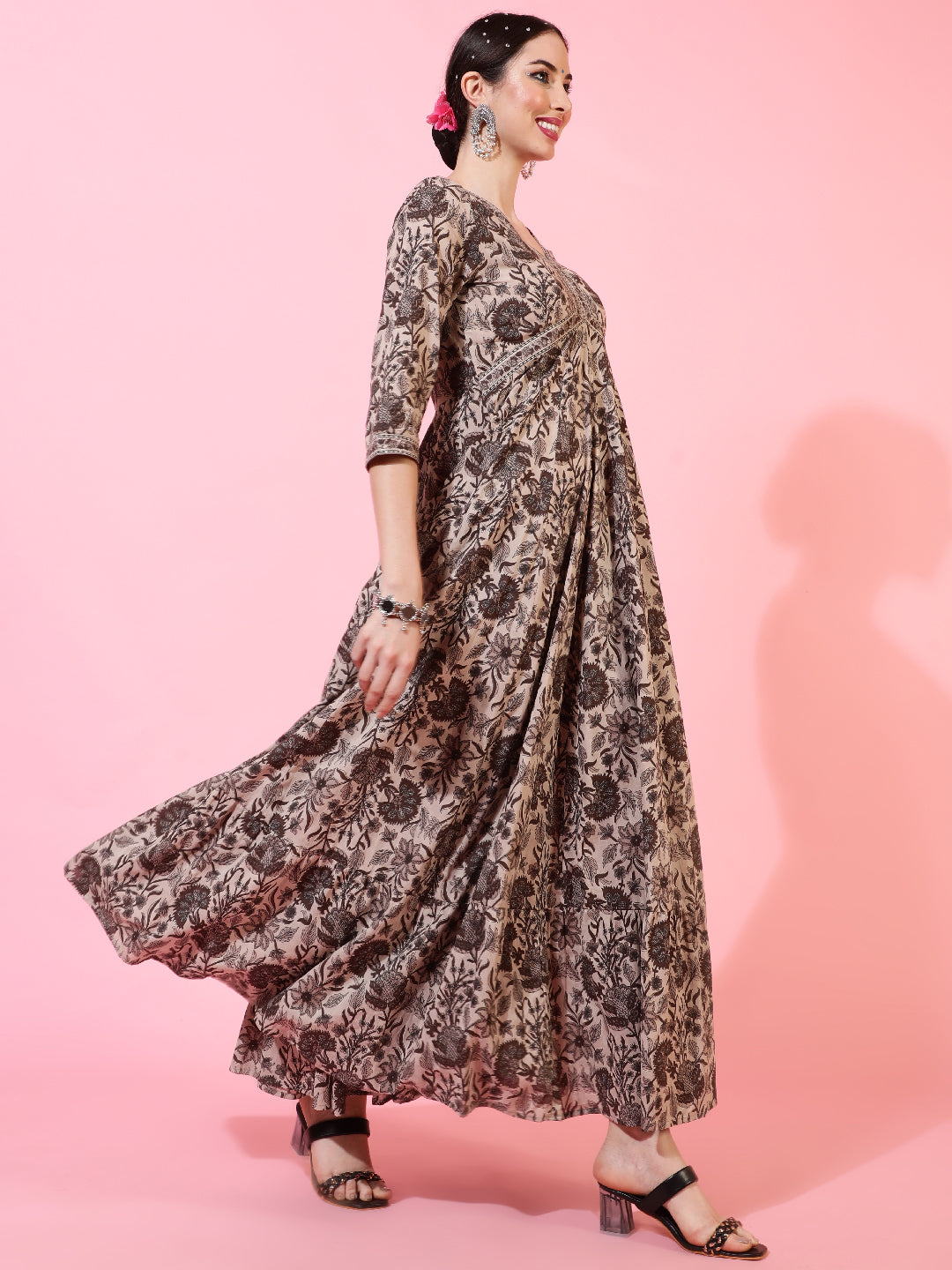 Cotton Ankle Length Printed Flared 3/4 Sleeves V-Neck Kurta