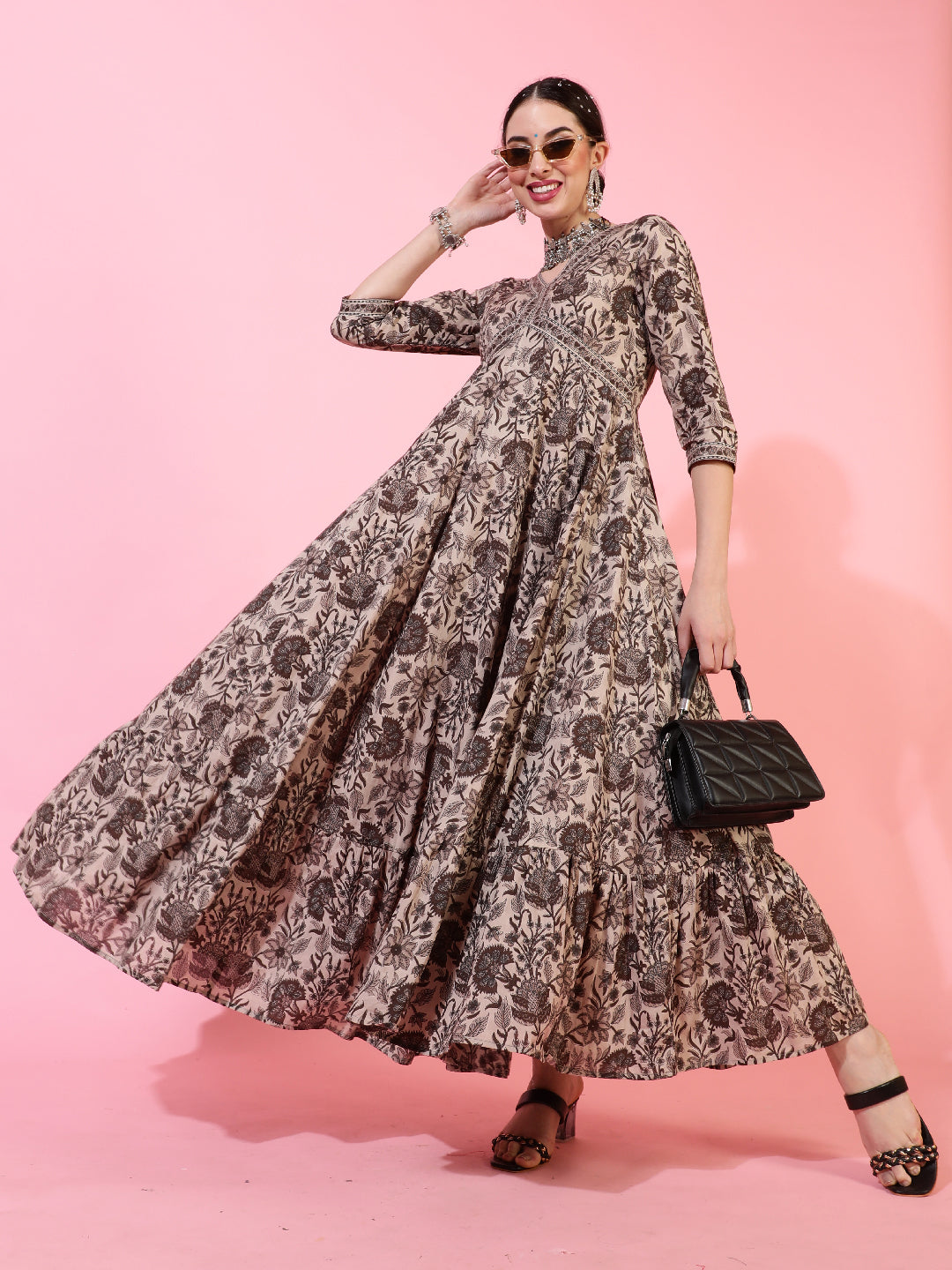 Cotton Ankle Length Printed Flared 3/4 Sleeves V-Neck Kurta