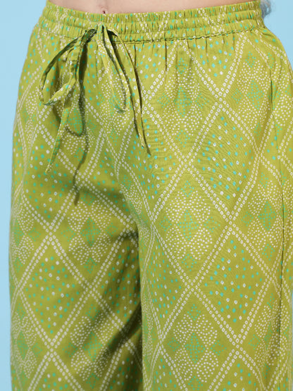 Cotton Calf Length Printed Flared 3/4 Sleeves V-Neck Kurta Bottom Dupatta Set