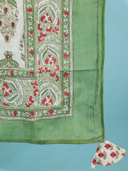 Cotton Calf Length Printed Flared 3/4 Sleeves V-Neck Kurta Bottom Dupatta Set