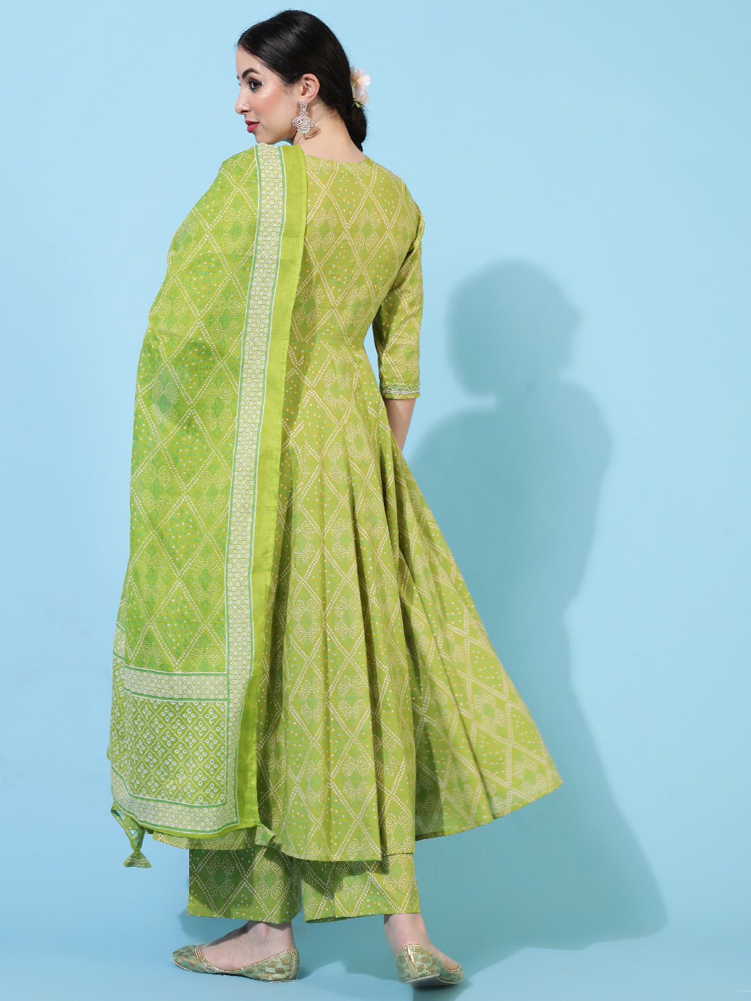 Cotton Calf Length Printed Flared 3/4 Sleeves V-Neck Kurta Bottom Dupatta Set