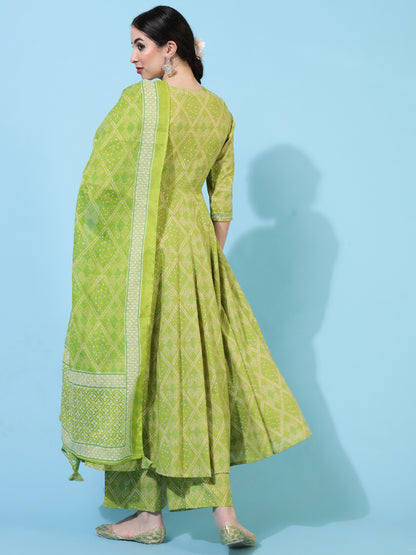 Cotton Calf Length Printed Flared 3/4 Sleeves V-Neck Kurta Bottom Dupatta Set