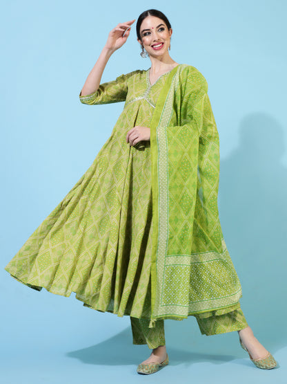 Cotton Calf Length Printed Flared 3/4 Sleeves V-Neck Kurta Bottom Dupatta Set