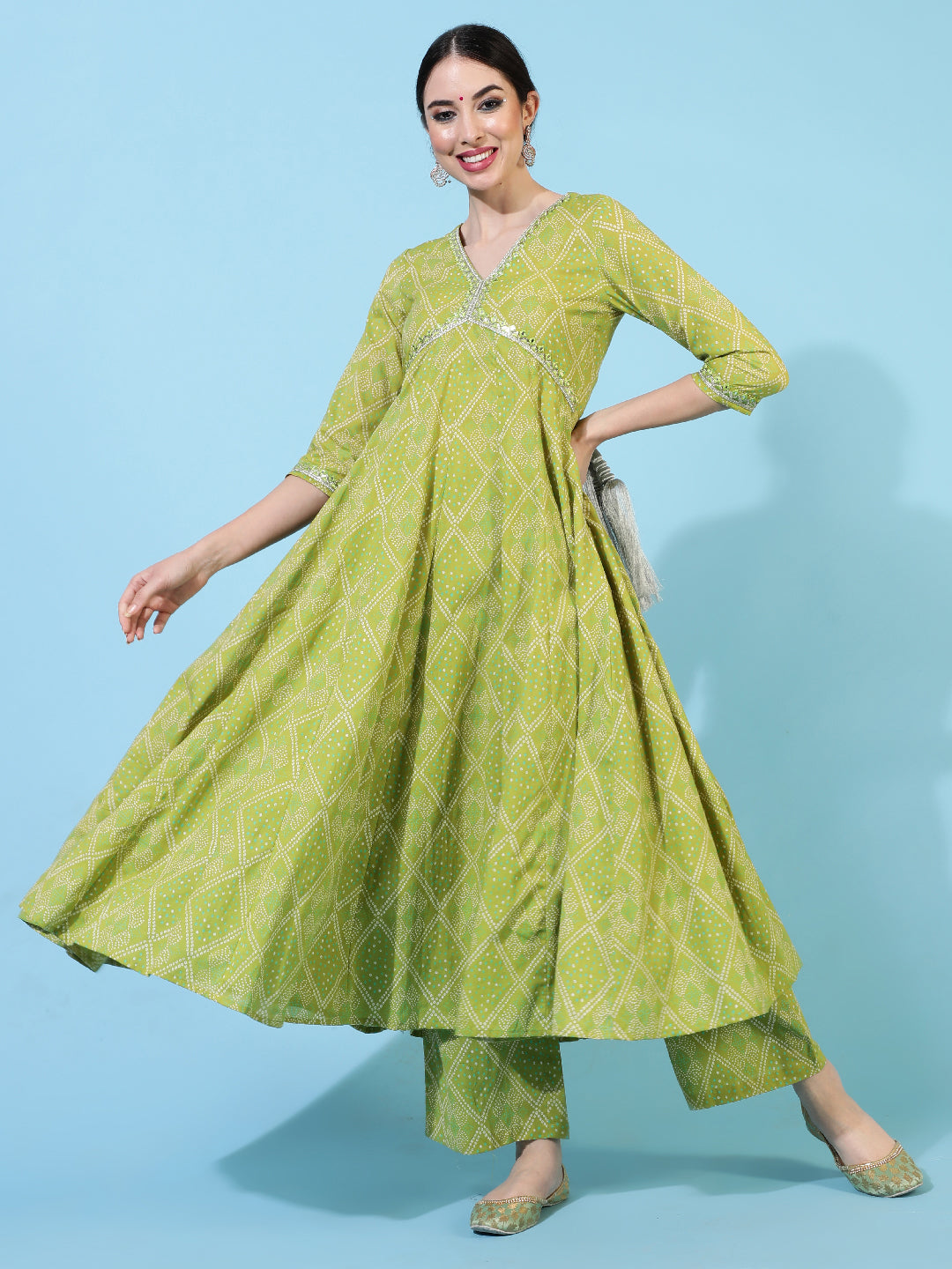 Cotton Calf Length Printed Flared 3/4 Sleeves V-Neck Kurta Bottom Dupatta Set