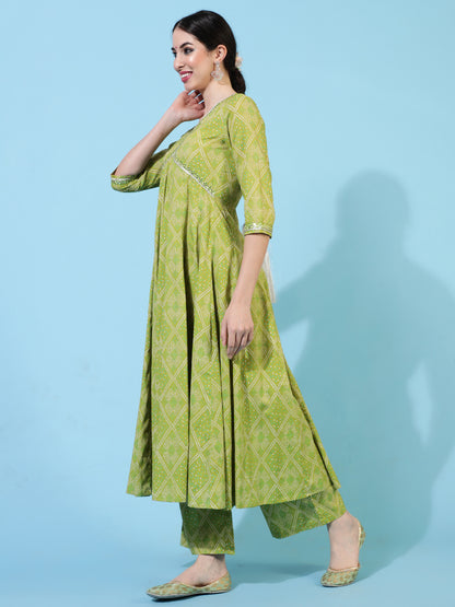 Cotton Calf Length Printed Flared 3/4 Sleeves V-Neck Kurta Bottom Dupatta Set