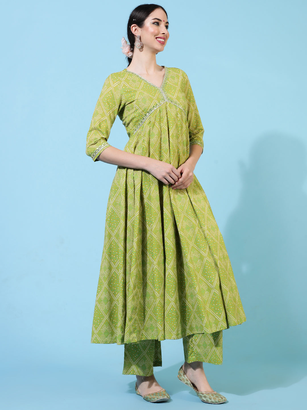 Cotton Calf Length Printed Flared 3/4 Sleeves V-Neck Kurta Bottom Dupatta Set