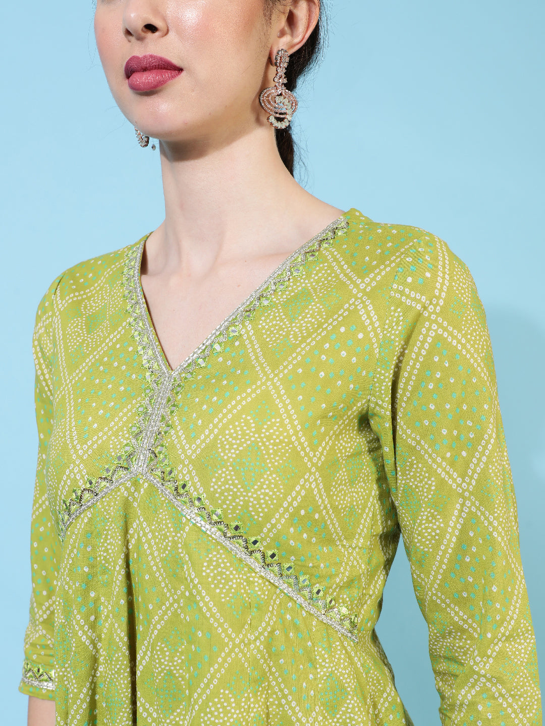 Cotton Calf Length Printed Flared 3/4 Sleeves V-Neck Kurta Bottom Dupatta Set