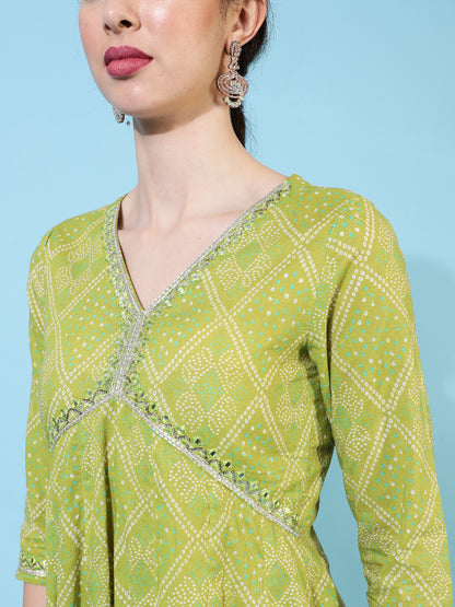 Cotton Calf Length Printed Flared 3/4 Sleeves V-Neck Kurta Bottom Dupatta Set