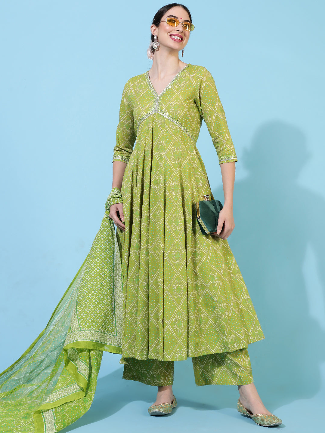 Cotton Calf Length Printed Flared 3/4 Sleeves V-Neck Kurta Bottom Dupatta Set