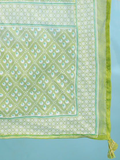 Cotton Calf Length Printed Flared 3/4 Sleeves V-Neck Kurta Bottom Dupatta Set