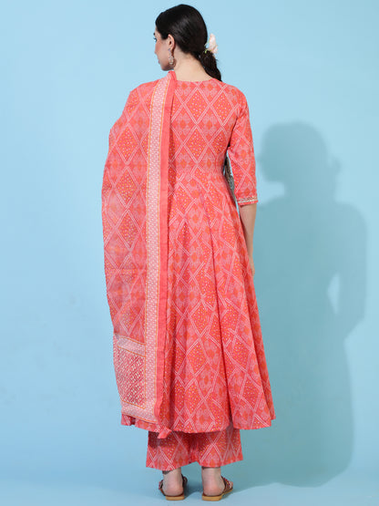 Cotton Calf Length Printed Flared 3/4 Sleeves V-Neck Kurta Bottom Dupatta Set