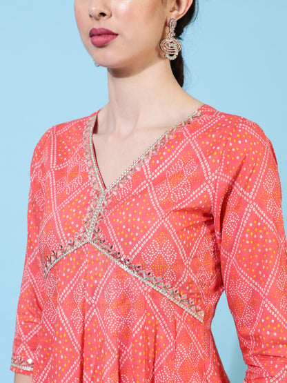 Cotton Calf Length Printed Flared 3/4 Sleeves V-Neck Kurta Bottom Dupatta Set