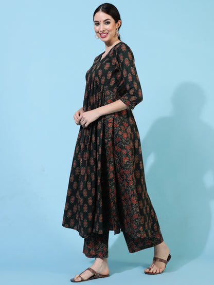 Cotton Calf Length Printed Flared 3/4 Sleeves V-Neck Kurta Bottom Dupatta Set