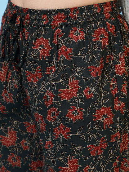 Cotton Calf Length Printed Flared 3/4 Sleeves V-Neck Kurta Bottom Dupatta Set