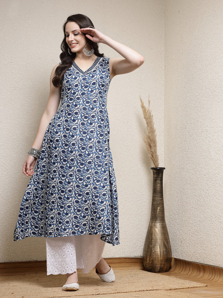 Floral Printed Cotton Blend A-Line Kurta