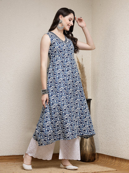 Floral Printed Cotton Blend A-Line Kurta