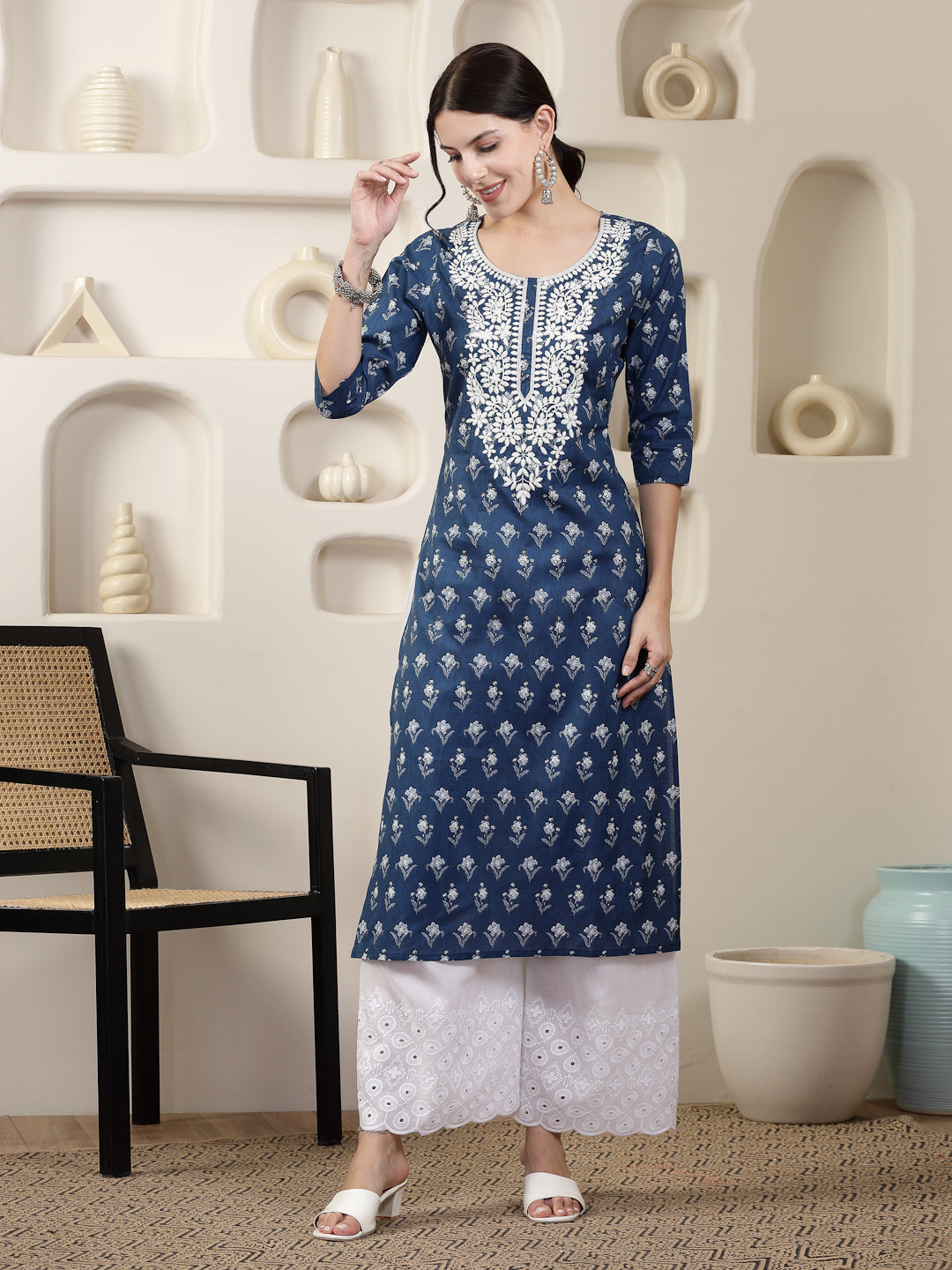 Indigo Blue Printed & Embroidered Cotton Straight Chicken Kurta