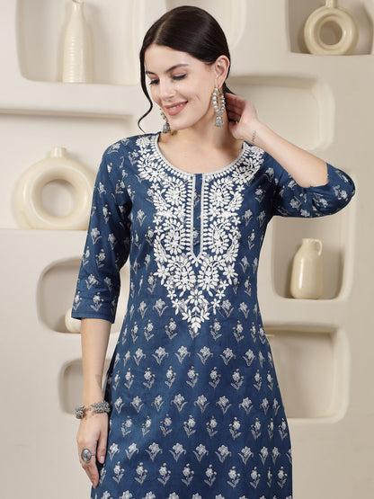 Indigo Blue Printed & Embroidered Cotton Straight Chicken Kurta (Pre-Order)