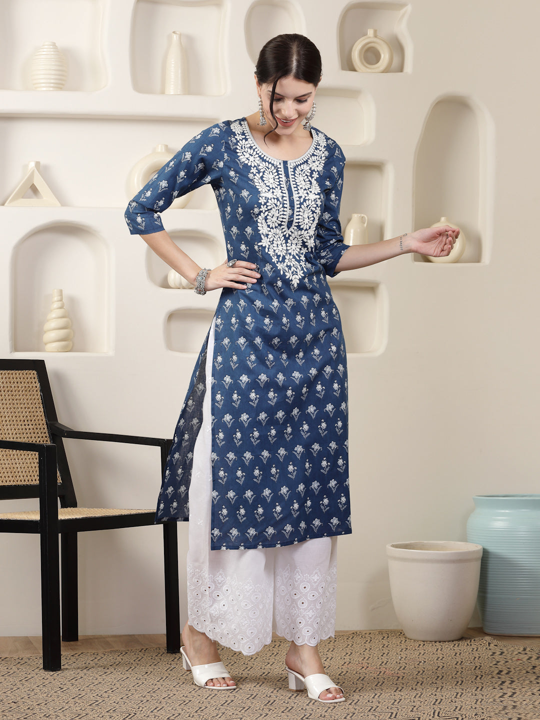 Indigo Blue Printed &amp; Embroidered Cotton Straight Chicken Kurta