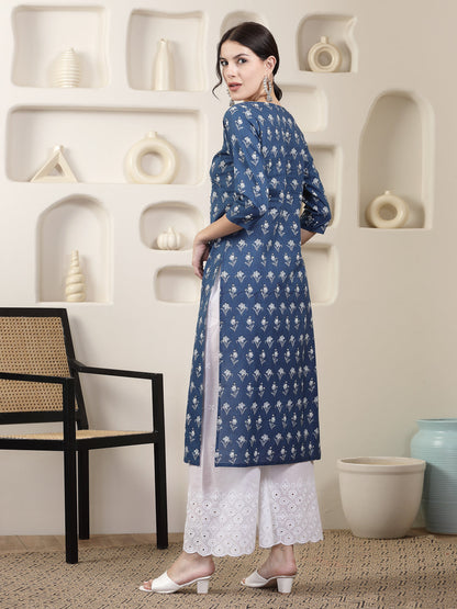 Indigo Blue Printed & Embroidered Cotton Straight Chicken Kurta (Pre-Order)