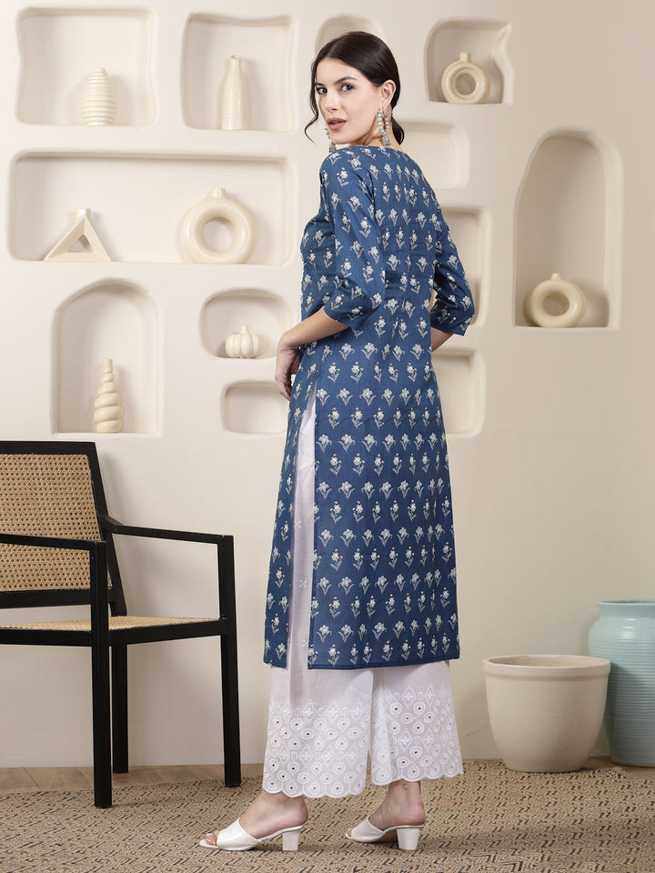 Indigo Blue Printed &amp; Embroidered Cotton Straight Chicken Kurta