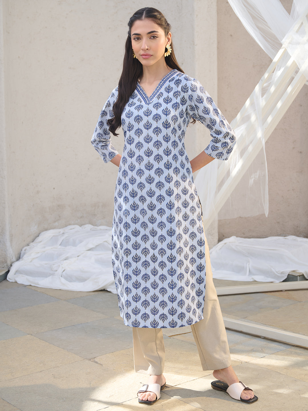 Striped Printed Corron Straight Kurta