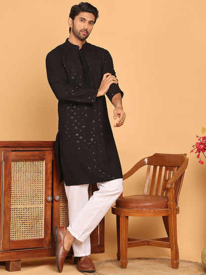 Embroidered Chikankari And Sequence Kurta With Pyjama For Men
