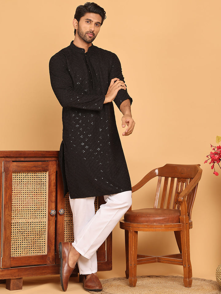 Embroidered Chikankari And Sequence Kurta With Pyjama For Men