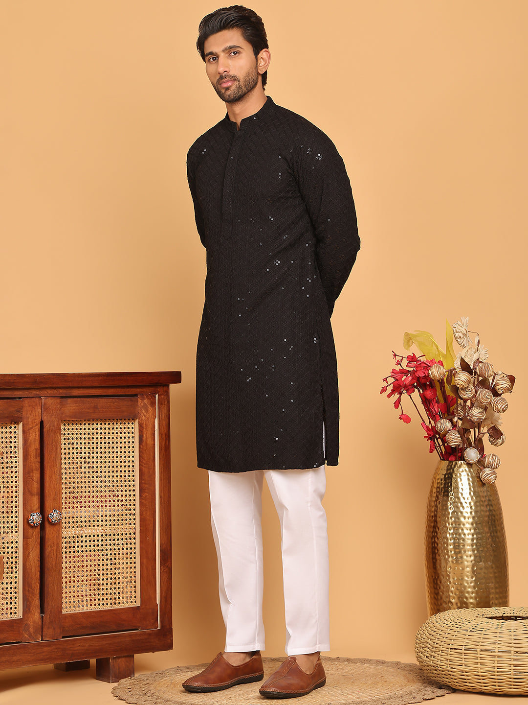 Embroidered Chikankari And Sequence Kurta With Pyjama For Men