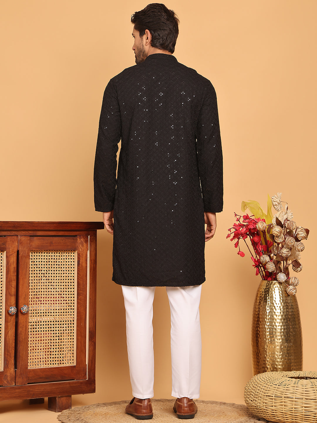 Embroidered Chikankari And Sequence Kurta With Pyjama For Men